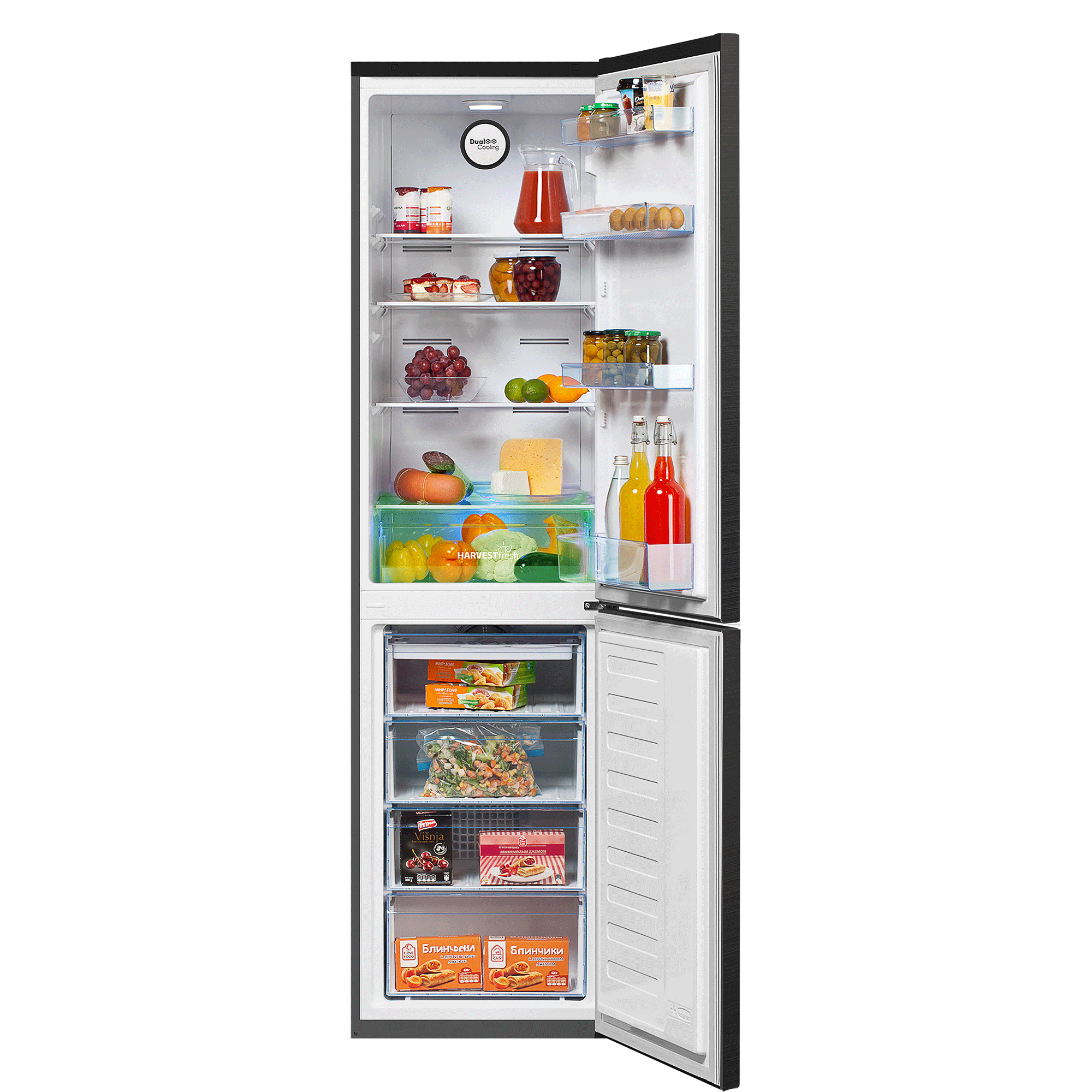 холодильник Beko B3R0CNK332HXBR с продуктами