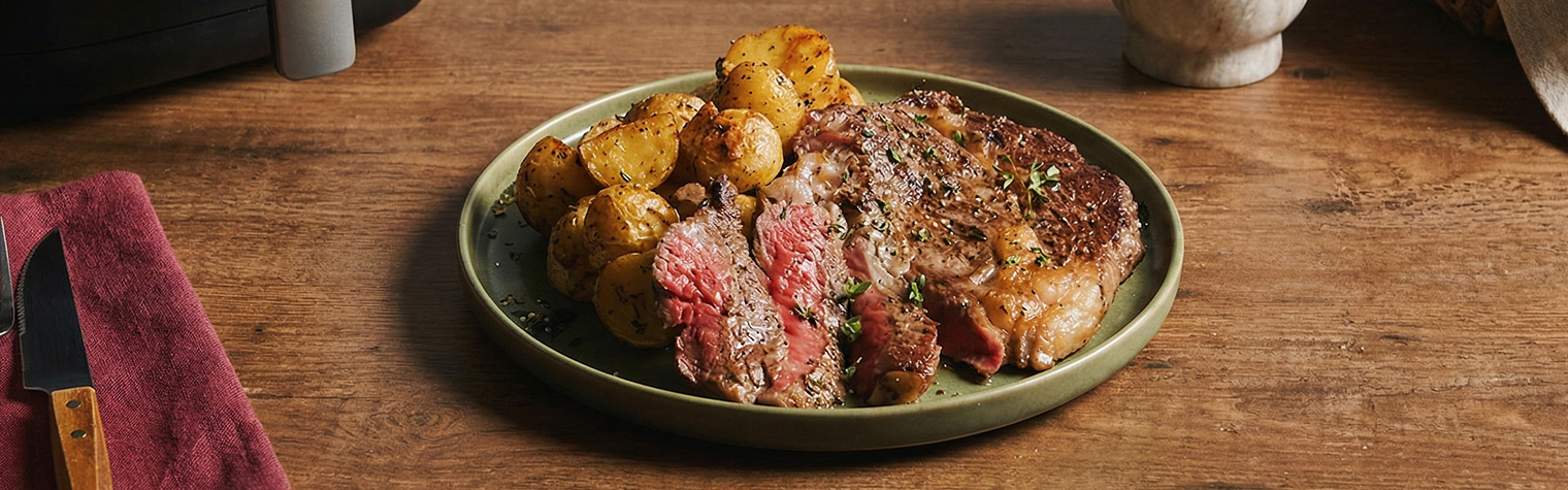 Рецепт стейка с пряным молодым картофелем в аэрогриле